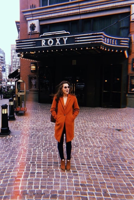 Erika Henningsen as seen outside The Roxy Hotel in New York City, New York in November 2018