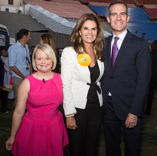 From Left to Right - Lauren Potter, Maria Shriver, and Eric Garcetti celebrate the opening ceremony of the LA 2015 Special Olympics at the Coliseum