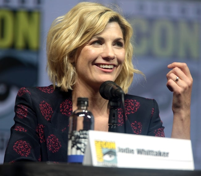 Jodie Whittaker pictured while speaking at the 2018 San Diego Comic Con International, for 'Entertainment Weekly's Women Who Kick Ass', at the San Diego Convention Center in San Diego, California