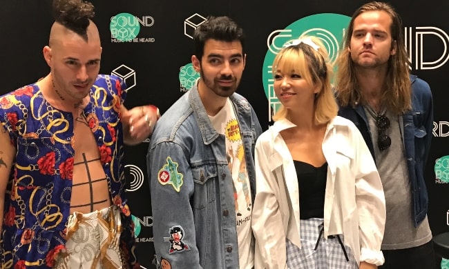 DNCE members (left to right) Cole Whittle, Joe Jonas, JinJoo Lee, and Jack Lawless at at Soundbox, Bangkok on August 10, 2017