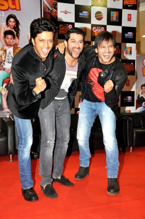 From Left to Right - Riteish Deshmukh, Aftab Shivdasani, and Vivek Oberoi at the audio release of 'Grand Masti' at R-City Mall