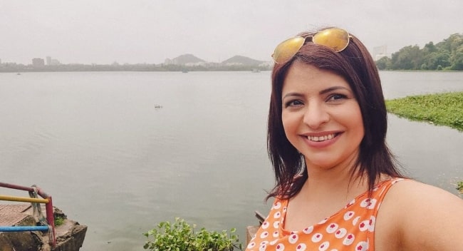 Jennifer Mistry Bansiwal as seen while taking a selfie at Powai Lake in Mumbai, Maharashtra in August 2021