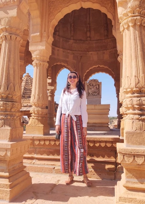 Jheel Mehta posing for a picture at Bada Bagh in Jaislamer, Rajasthan in March 2020