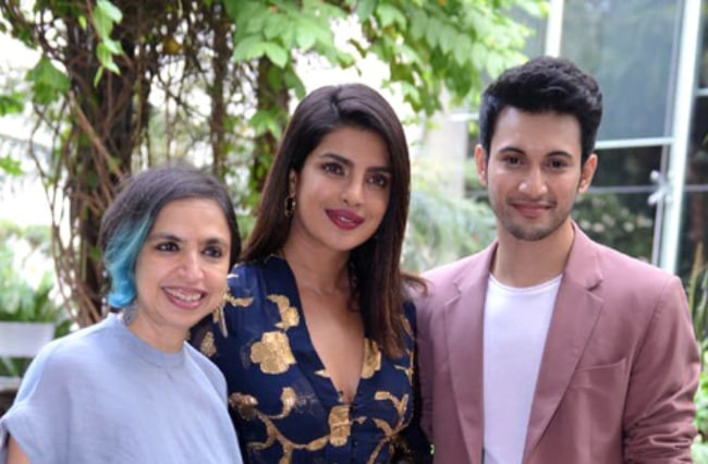 From Left to Right - Shonali Bose, Priyanka Chopra, and Rohit Suresh Saraf pictured while promoting their film 'The Sky Is Pink' in Delhi, India in 2019