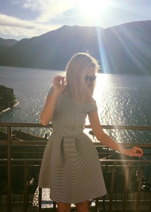Jayne Wisener posing for the camera at Lake Como in Italy in May 2017