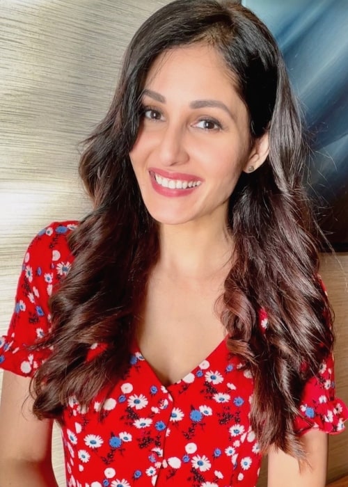 Pooja Chopra as seen while smiling for the camera in February 2021