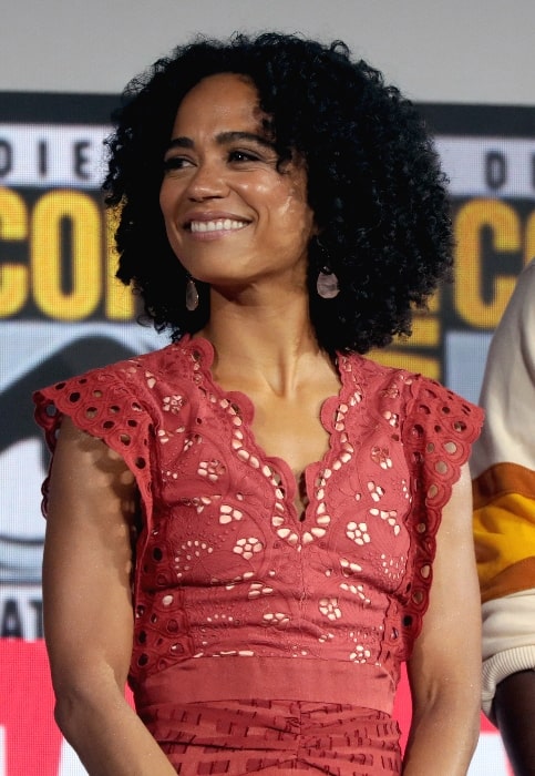 Lauren Ridloff pictured while speaking at the 2019 San Diego Comic Con International, for 'The Eternals', at the San Diego Convention Center in San Diego, California