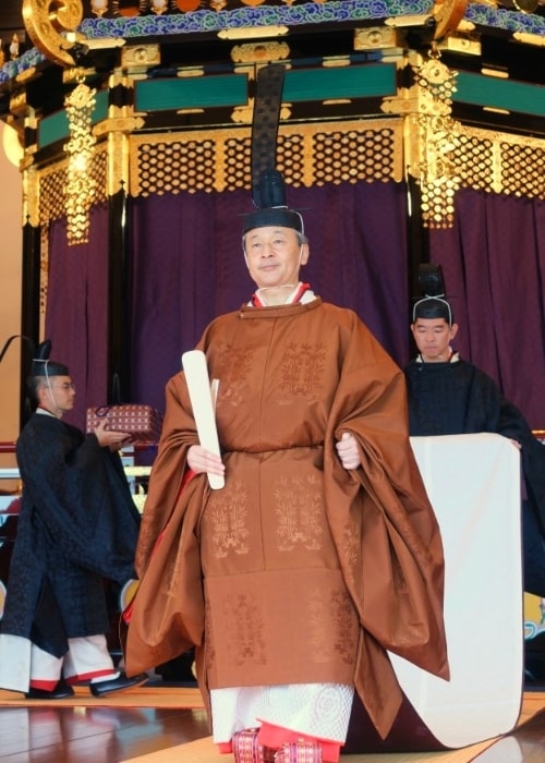 Emperor Naruhito pictured while wearing the sokutai at the enthronement ceremony in October 2019
