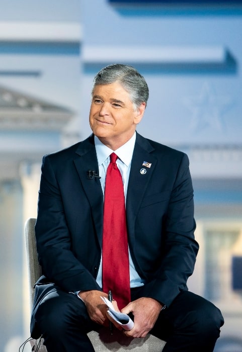 Sean Hannity during a town hall interview taping with Donald Trump at Green Bay-Austin Struble International Airport in Green Bay, Wisconsin in June 2020