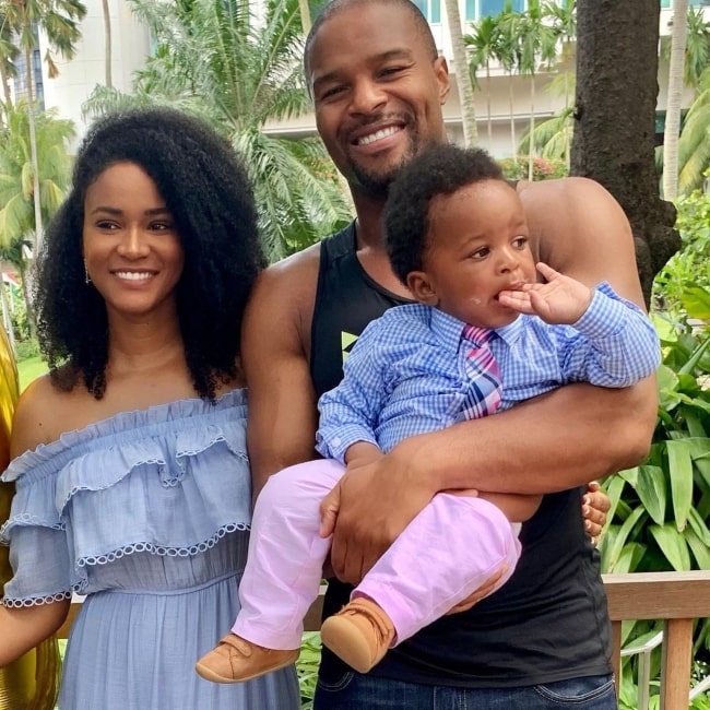 Leila Lopes with her husband Osi Umenyiora and their son ay the Shangri-La Hotel, Singapore in June 2019