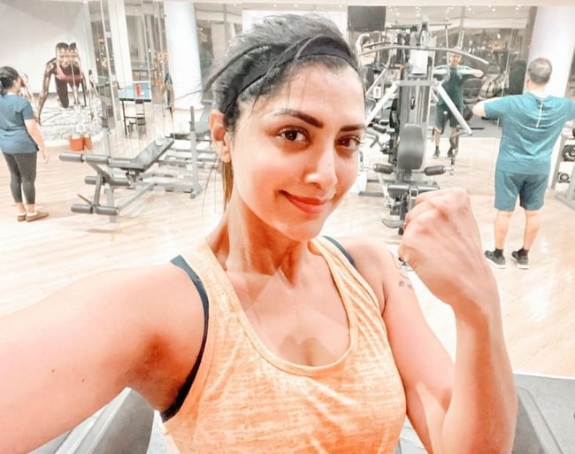 Mamta Mohandas as seen while taking a selfie during a workout in April 2021