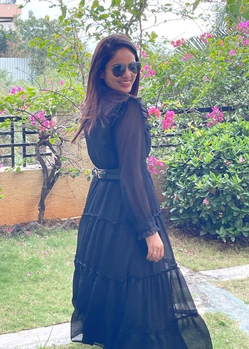 Nandita Swetha as seen while smiling for a picture in November 2021