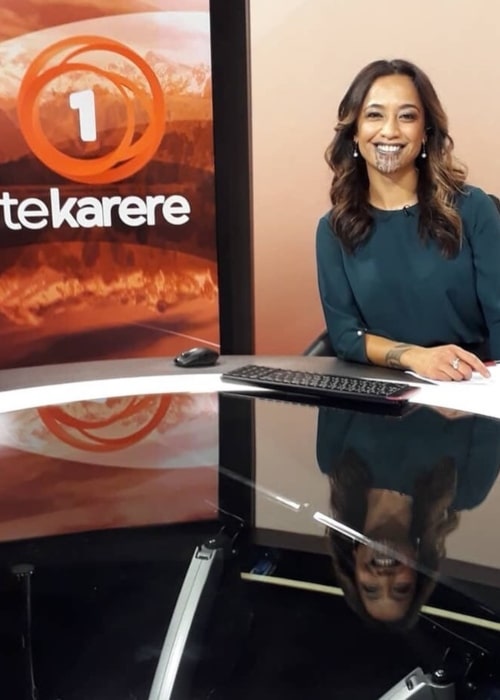 Oriini Kaipara during a Te Karere news broadcast in August 2019