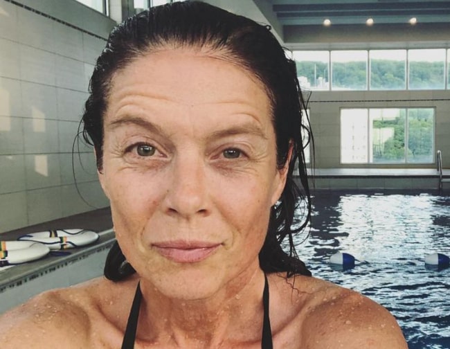 Torri Higginson in July 2019 getting used to swimming as a morning routine