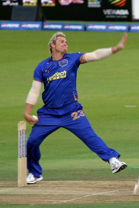 Shane Warne bowling for Rajasthan Royals in 2009