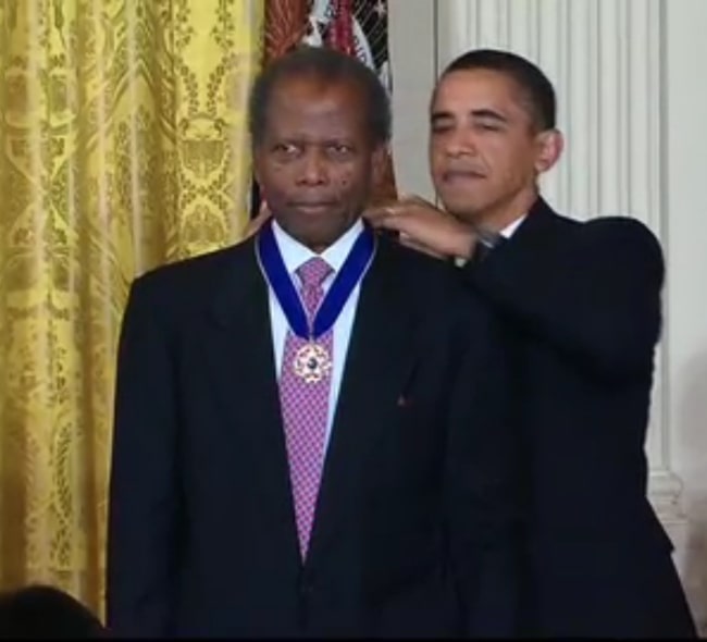 Sidney Poitier as seen while receiving the Presidential Medal of Freedom from President Barack Obama on August 12, 2009