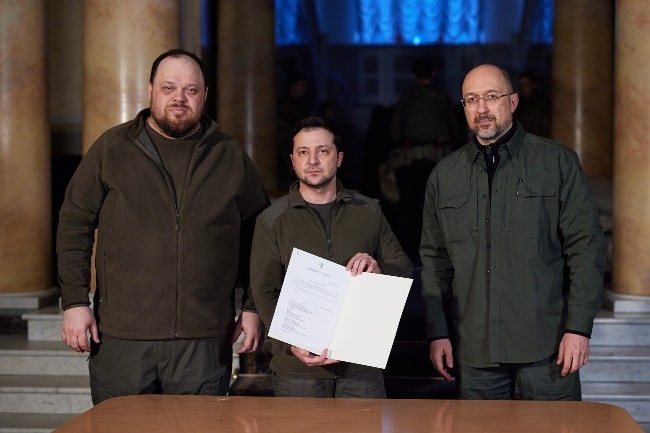 Ukraine's Parliament chairman Ruslan Stefanchuk, Ukraine's President Volodymyr Zelenskyy, & Ukraine's Prime Minister Denys Shmyhal after signing of the application for membership in the EU, 2022