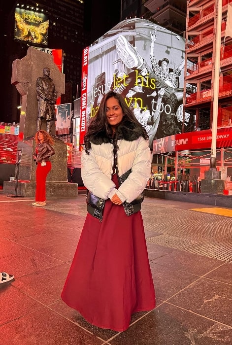 Sayli Kamble as seen while posing for a picture at Times Square in New York, United States in 2022