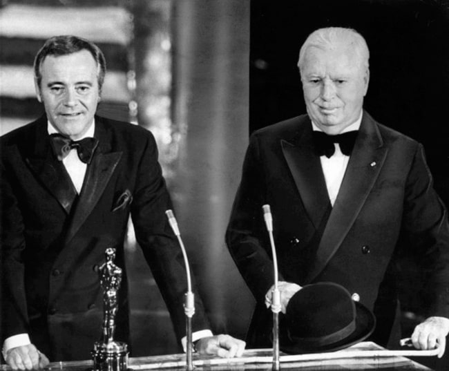 Charlie Chaplin (Right) as seen while receiving his Honorary Academy Award from Jack Lemmon in 1972