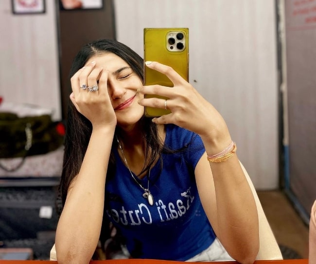 Debattama Saha as seen while clicking a mirror selfie in April 2022