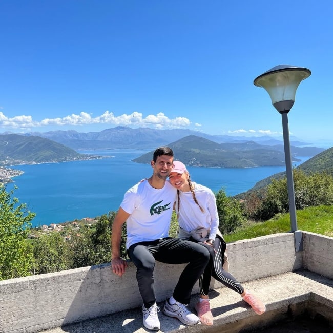 Jelena Djokovic with her husband professional Serbian tennis player Novak Djokovic at Herceg Novi, Montenegro in April 2022