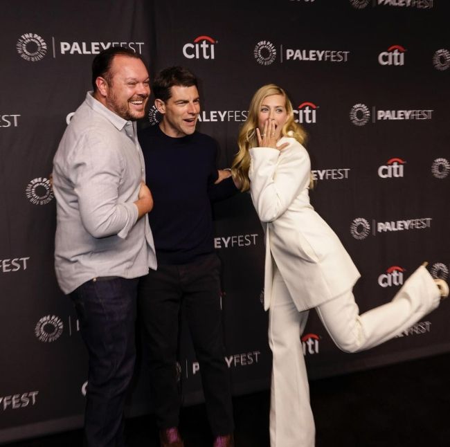 Michael Gladis, Max Greenfield, and Beth Behrs seen in April 2022