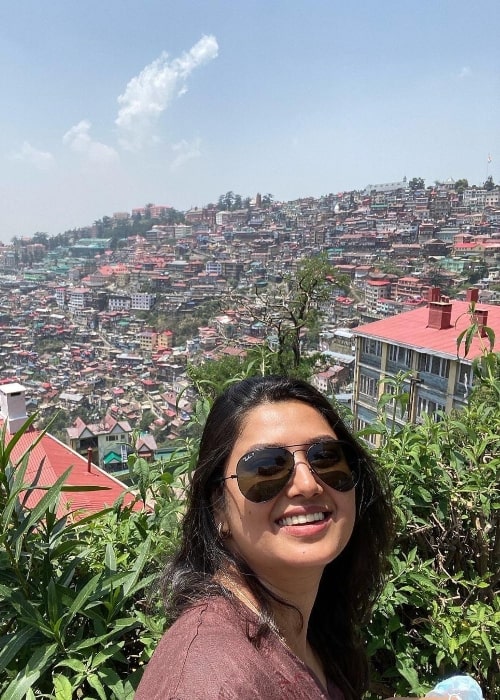 Prajakta Mali as seen while smiling for a picture in Shimla, Himachal Pradesh in June 2022