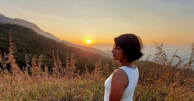 Anarkali Marikar as seen while posing for a picture at Chembra Peak in Kerala, India in 2021