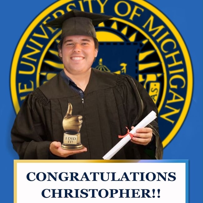 Christopher Schwarzenegger being congraluted by his father for having graduated from the University of Michigan in July 2020, in an Instagram post