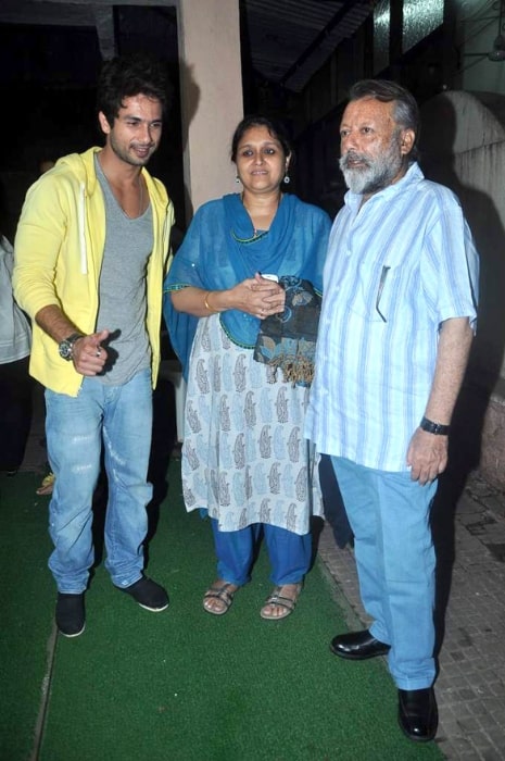 From Left to Right - Shahid Kapoor, Supriya Pathak, and Pankaj Kapur pictured while attending the screening of 'Teri Meri Kahaani' in 2012