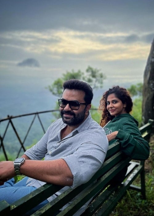 Indrajith Sukumaran posing for a picture with wife Poornima Indrajith in Vagamon, Kerala in July 2022