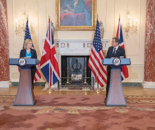 Liz Truss with US Secretary of State Antony Blinken pictured during a joint press availability after their meeting at the U.S. Department of State in Washington, D.C., on March 9, 2022