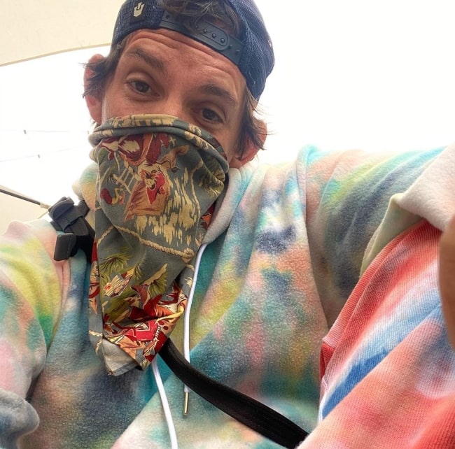 Lukas Haas enjoying cozy tie dye and coffee in October 2020