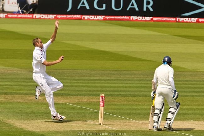 Stuart Broad seen bowling at Lord's in a match against Sri Lanka in 2011