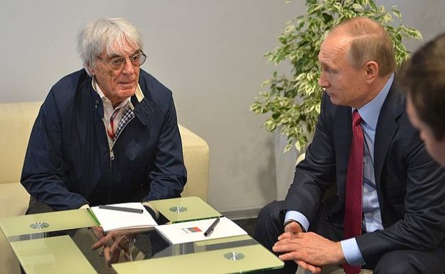 Bernie Ecclestone seen with Vladimir Putin at the Russian Grand Prix in 2016