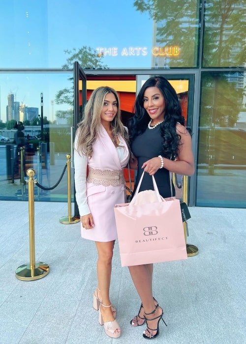 Caroline Brooks as seen in a picture with entrepreneur Tara Lalvani in October 2021, at The Arts Club, Dubai