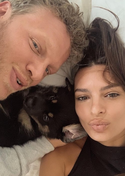 Emily Ratajkowski and Sebastian Bear-McClard in a selfie with Emily's dog in May 2019