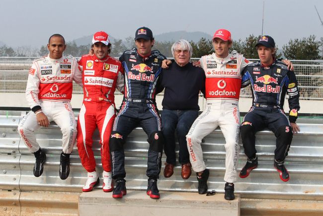 (From l to r) Lewis Hamilton, Fernando Alonso, Mark Webber, Bernie Ecclestone, Jenson Button, and Sebastian Vettel seen in 2010