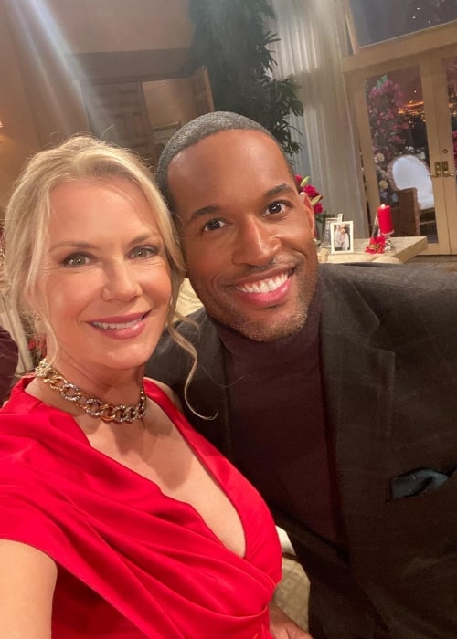 Katherine Kelly Lang as seen in a selfie with actor Lawrence Saint-Victor in December 2021, at The Bold And The Beautiful Studio at CBS TV City