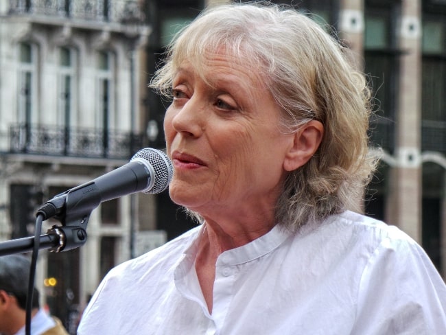 Kika Markham as seen while speaking at the No More War event at Parliament Square in August 2014