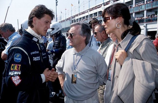 Slavica seen with Bernie Ecclestone and Michael Schumacher (left) in 1991