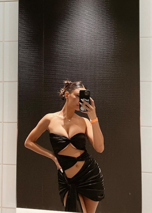 Ylona Garcia as seen while taking a mirror selfie in Los Angeles, California in July 2022
