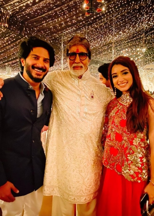 Amal Sufiya as seen in a picture with actor Amitabh Bachchan and her husband Dulquer Salmaan on Diwali in October 2019