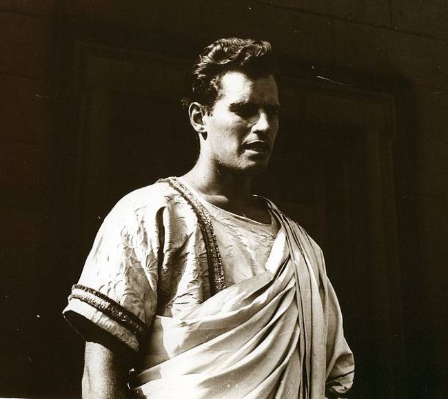 Charlton Heston seen dressed as Mark Anthony in the play Julius Caesar in 1950