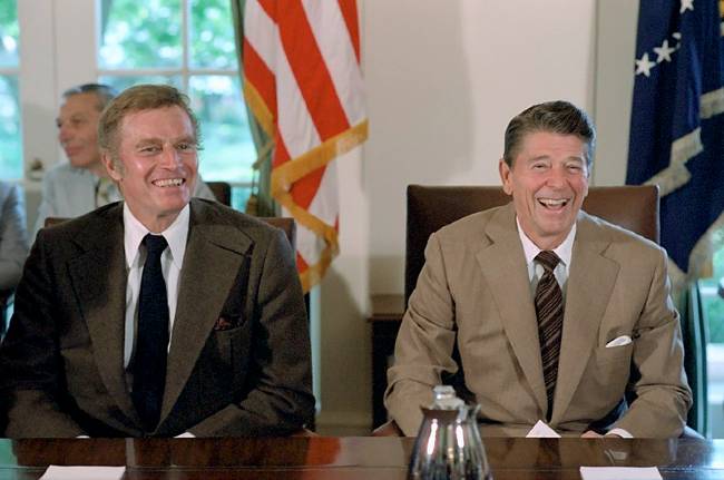 Charlton Heston seen with President Ronald Reagan in 1981