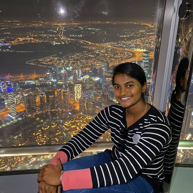 Dayalan Hemalatha in a picture that was taken on the 148th floor of the Burj Khalifa, Dubai in November 2020