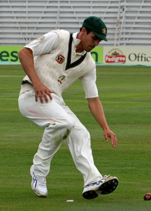 Mitchell Johnson seen fielding during a match in the 2009 Ashes
