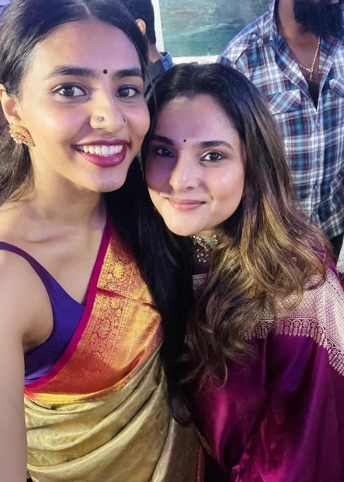 Sapthami Gowda (Left) taking a selfie with Divya Spandana in October 2022