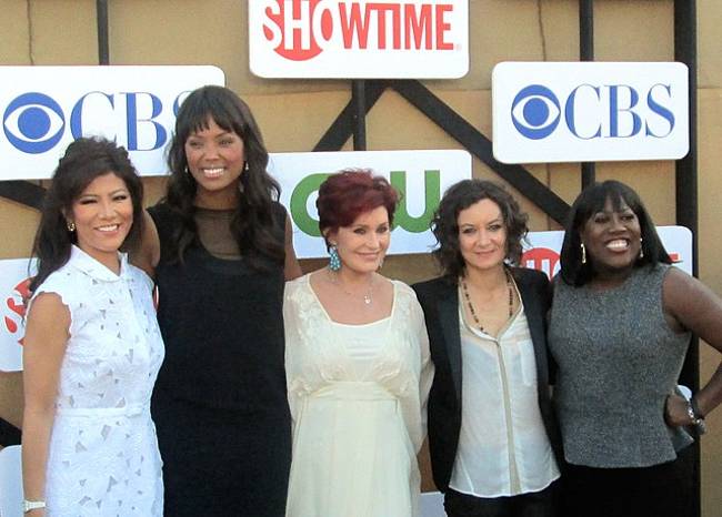 (From left to right) The Talk co hosts Julie Chen, Aisha Tyler, Sharon Osbourne, Sara Gilbert, and Sheryl Underwood seen in 2012