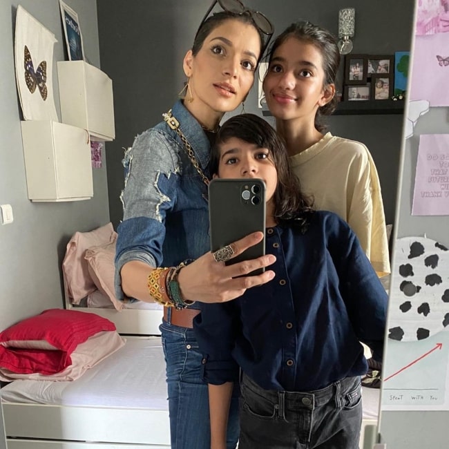 Garima Bhandari as seen in a selfie with her children in September 2021